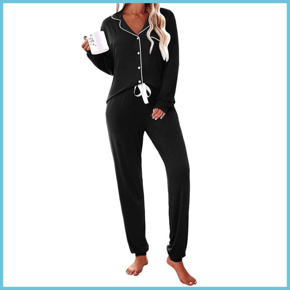 Long Sleeve Button Down Pajama Set with Pockets Modal Cotton